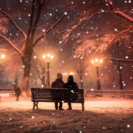 silhouette of two people sitting in christmas decorated snowy park. generated aiの素材
