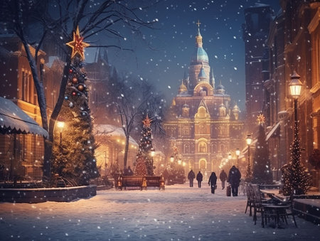 town with church at the end of the street decorated for the christmas holidays. generated iaの素材