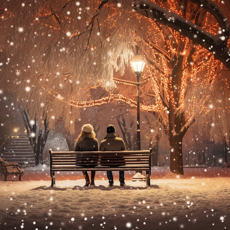 silhouette of two people sitting in christmas decorated snowy park. generated iaの素材