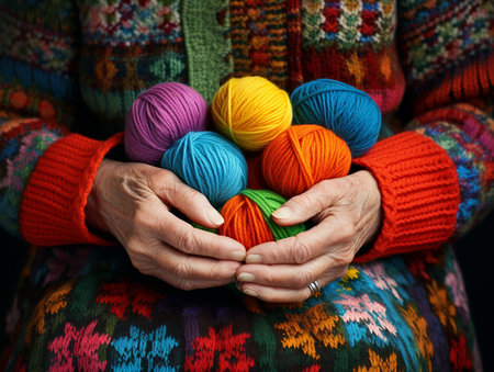 woman's hands holding balls of woolen threads for knitting. generated iaの素材