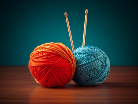 Balls of woolen threads for knitting and two knitting needles threaded through them. generated iaの素材