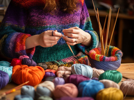 woman's hands knitting soft and colorful woolen threads. generated iaの素材