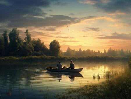 boat with fisherman silhouette on quiet river against sunrise background. generated AIの素材