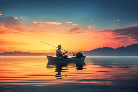 boat with fisherman silhouette on quiet river against sunrise background. generated AIの素材