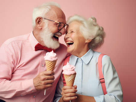 retired couple having fun eating ice cream. generated iaの素材