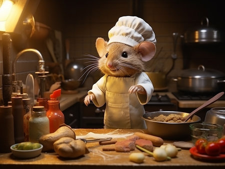 little mouse prepares food in the kitchen of his mink. Cartoon styleの素材