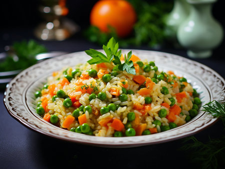 vegetarian risotto with carrots and peas. generated AIの素材
