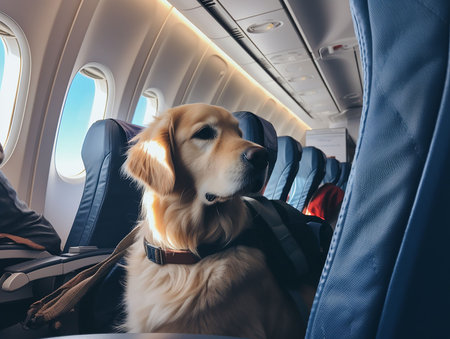 the dog traveling in the cabin of the plane. generated aiの素材