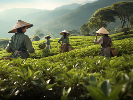 Vietnamese women pick tea leaves. generated aiの素材