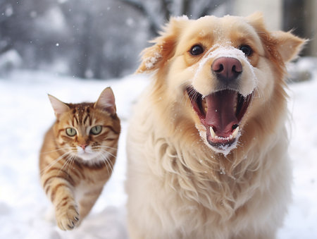dog and cat together on snow in park. generated aiの素材