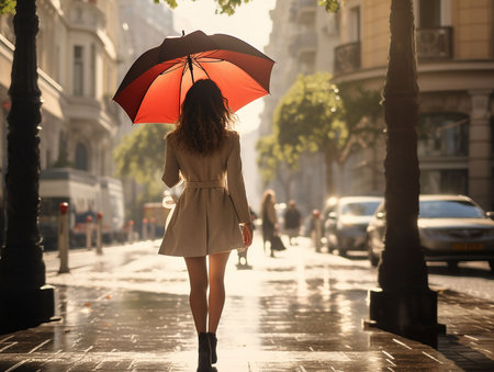 Young woman with red umbrella is walking in autumn city. generated AIの素材