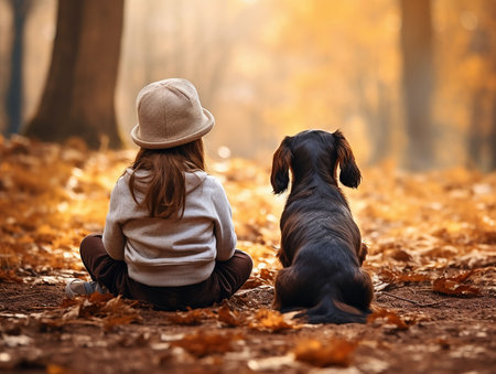 Little girl with the dog during a delicate walk in the autumn park. generated iaの素材