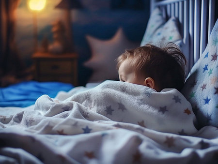 baby in his cot covered with soft and fluffy blue blanket. generated aiの素材