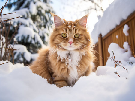 cat taking a walk in the backyard snow. generated AIの素材