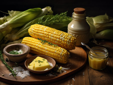 corn cobs on table with bowls of butter and salt. generated aiの素材