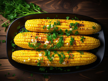 Corn on the cob with parsley to be cooked in a pan. generate aiの素材