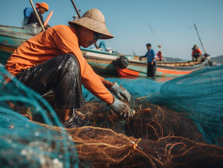 Vietnam fishermen are preparing fishing nets.generated aiの素材
