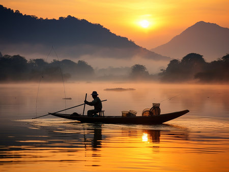 vietnam fishermen on the boat go out to fish at sunset. generated aiの素材
