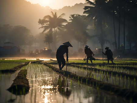 vietnam men work in rice field. generated AIの素材