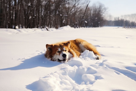 contented dog playing in the snow. generated iaの素材
