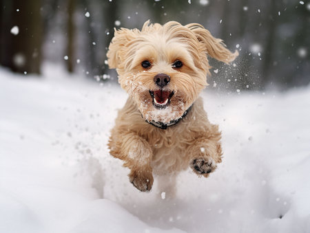 dog running on the snow with joy. generated iaの素材