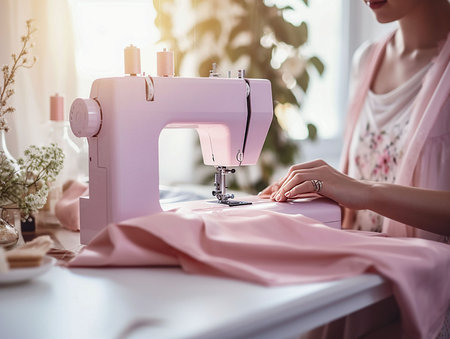 Close-up view of the sewing process. Female hands sewing white fabric on sewing machine. generated aiの素材