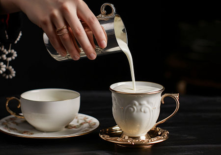 woman's hand pours milk into the cup. dark background. generated aiの素材