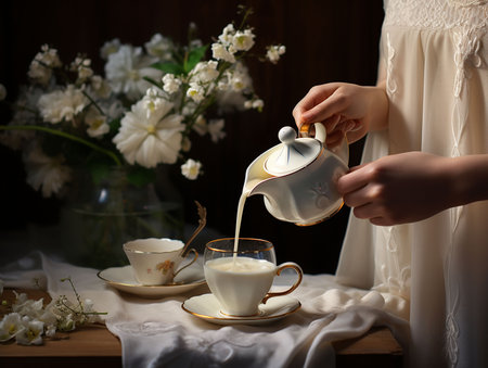 woman's hand pours milk into the cupgenerated aiの素材