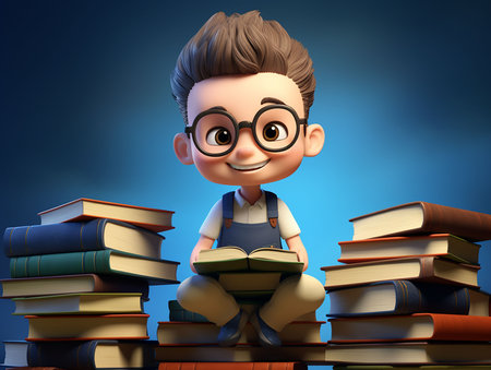 child with glasses reads the book sitting on a pile of books. generated aiの素材