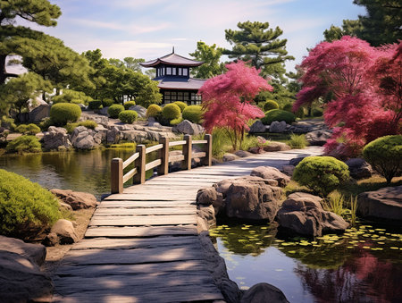 a magical garden with iconic bonsai trees. emotional beauty. generated aiの素材