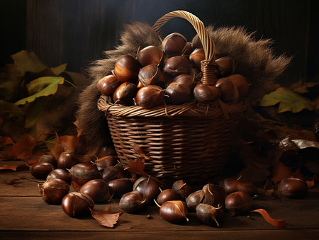 Raw chestnuts in rustic basket on dark background. generated aiの素材