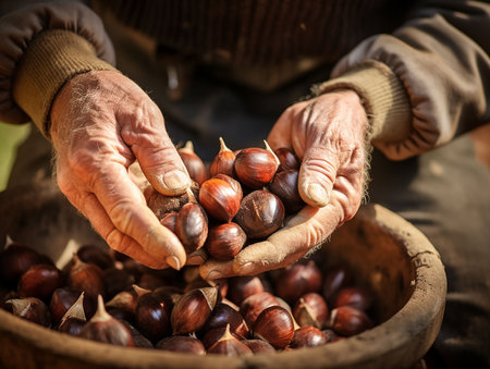 hands of an elderly man in a rustic basket with raw chestnuts. generated aiの素材
