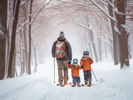 Father and sons go skiing in the park on a winter Sunday. generated aiの素材
