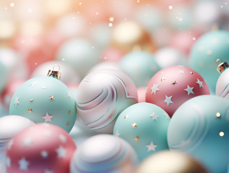 Pastel multicolored Christmas baubles on light background. Christmas decorations. generated aiの素材