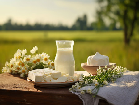 table with glass of milk and plates with ricotta and cheeses on pasture background with cows. generated aiの素材
