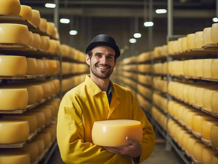 Agricultural company workers that produces cheese demonstrate its product. generated aiの素材