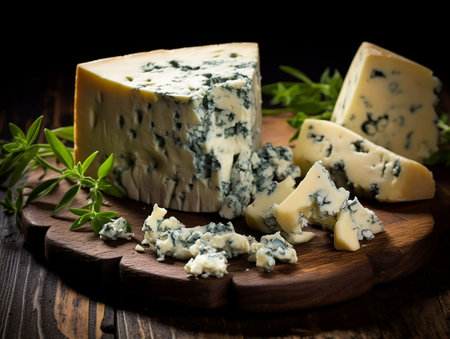 on wooden table gorgonzola cheese with herbs. generated aiの素材