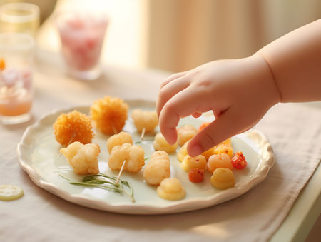 Close-up of a child's hands touching food on the plate. generated aiの素材