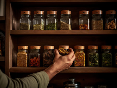 hands of a person taking the spice jar from the shelf. generated aiの素材