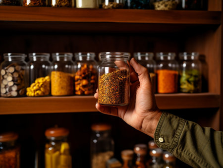 hands of a person taking the spice jar from the shelf. generated aiの素材