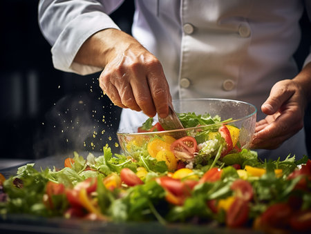 Chef's hands preparing a plate of salad in the kitchen. generated aiの素材