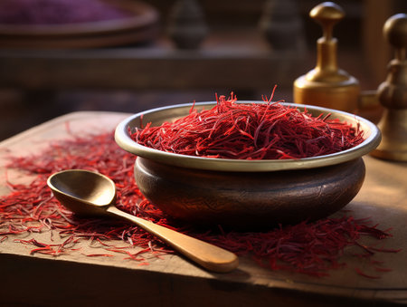 a bowl with dried wild saffron and a wooden spoon next to it. generated aiの素材