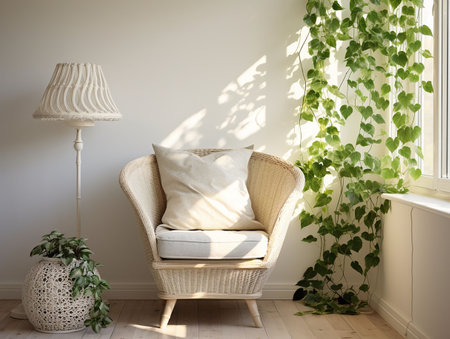 armchair next to a window with green plants. generated aiの素材