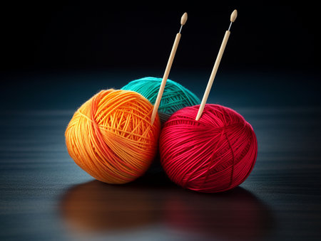 balls of knitting thread with knitting needles stuck inside them. generated aiの素材