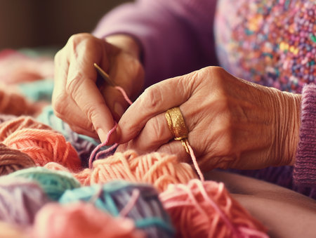 woman's hands making tights from balls of threads of various colorsの素材