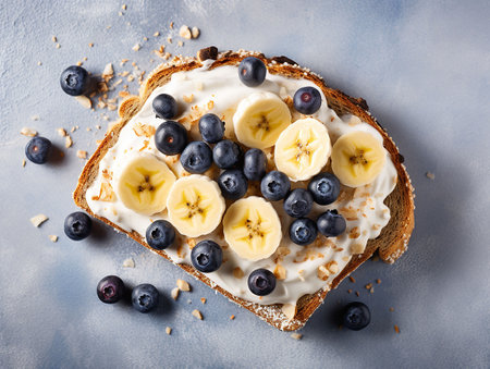 Blueberries and banana pieces on a piece of bread spread with peanut butter. generated aiの素材