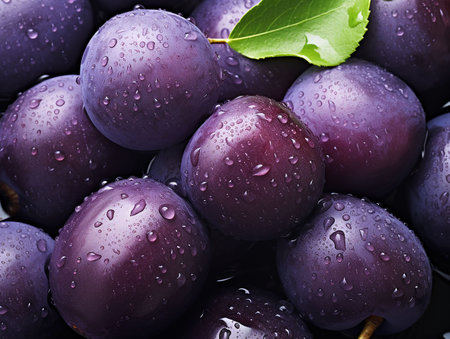 Fresh plum background and a plum cut in half. generated aiの素材