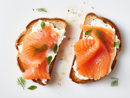 Pieces of salmon on a rectangular piece of bread spread with butter. generated aiの素材