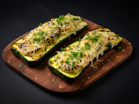 Pieces of grilled zucchini on a rectangular piece of bread spread with cheese. generated aiの素材