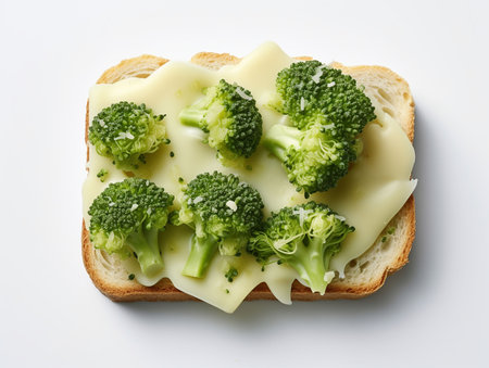 Broccoli pieces on a rectangular slice of bread spread with avocado cream. generated aiの素材